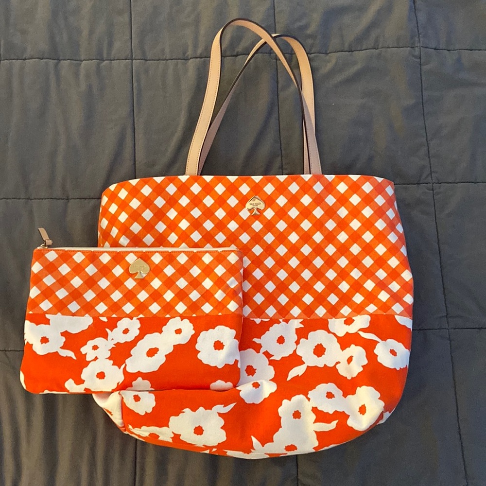 KATE SPADE ORANGE CHECKERED PURSE + POUCH